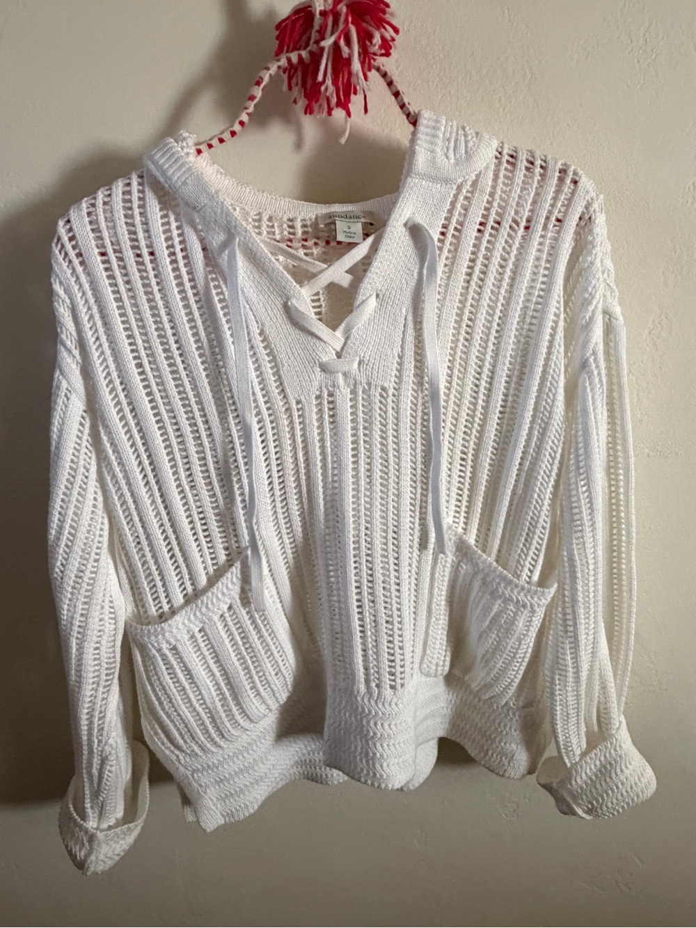 Sundance White Open-Knit Lace-Up Hoodie